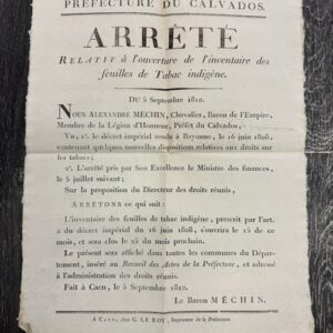 Document Empire 1810: Arrêté préfectoral tabac Calvados